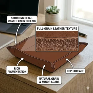 Detailed close-up showing the high-quality stitching and grain of a full-grain leather dump tray.