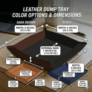 A collection of different color variations available for the handcrafted leather dump tray.