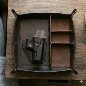 Overhead view of the different sections inside an edc dump tray with gun holder for EDC gear organization.