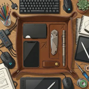 A minimalist black edc tray organizer positioned next to a computer keyboard and monitor for desk organization.