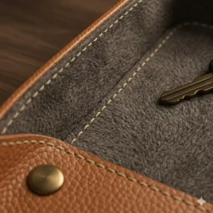 Close-up detail of the stitching and soft felt lining of a handmade leather edc valet tray