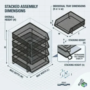 Technical drawing and measurement guide for professional stackable letter trays front loading document organizers.