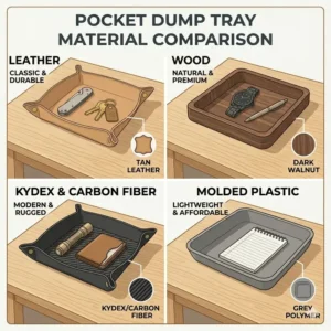 Comparison chart of pocket dump tray materials including carbon fiber, wood, and molded plastic.