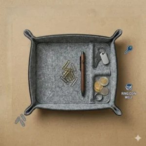 A minimalist felt dump tray used as a desk organizer for paperclips, keys, and a pen.