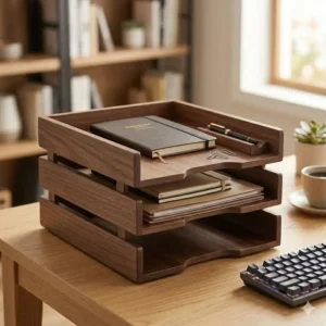 Stylish wooden stacking trays for office aesthetics, designed for keeping folders and notebooks organized.