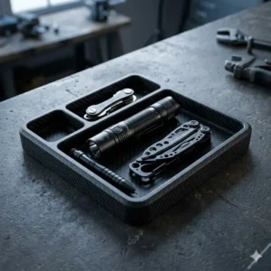 A rugged carbon fiber everyday carry tray featuring a tactical flashlight and multi-tool.