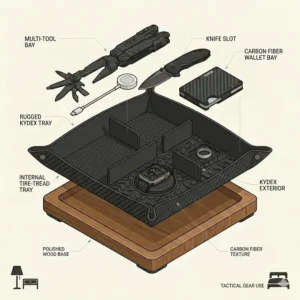 Flat-lay illustration of a rugged Kydex everyday carry dump tray with tactical gear and a multi-tool.