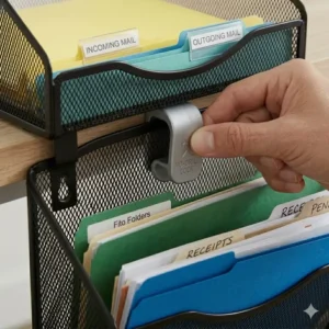 Two vertically stacked hanging paper tray units used for sorting incoming and outgoing mail.