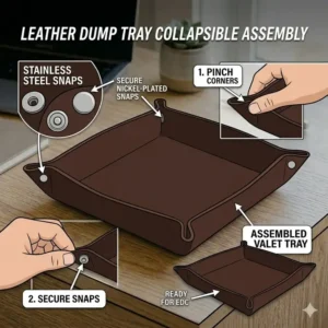 Step-by-step guide on how to use the corner snaps to assemble the leather dump tray.