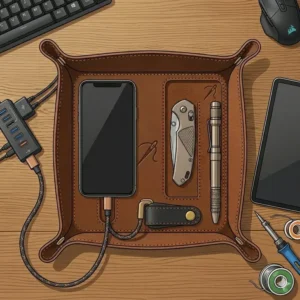 An edc tray organizer featuring a built-in cable cutout for easy smartphone charging and cable management.