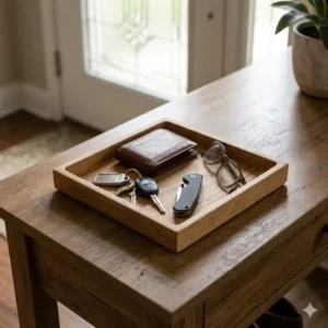 A wooden everyday carry tray positioned on an entryway console table for daily pocket dumping.