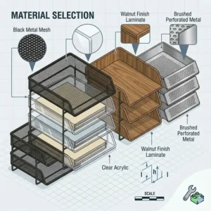 Showcasing different material finishes available for the stackable letter trays front loading product line.