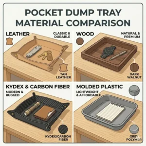 Illustration of a minimalist pocket dump tray used as a bedside valet for overnight gear storage