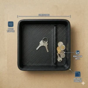 Close-up illustration of a durable carbon fiber kydex dump tray with rounded edges.