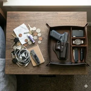 A comparison of a messy desk versus an organized edc dump tray with gun holder displaying a clean daily carry setup.