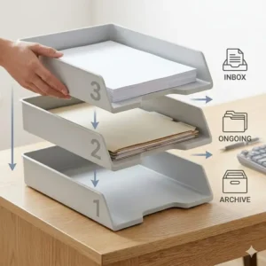 An instructional graphic demonstrating how to assemble and arrange stacking trays for office workflow efficiency.