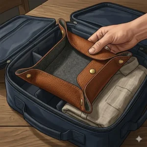 A snap-button collapsible edc valet tray being folded flat for travel in a carry-on bag.