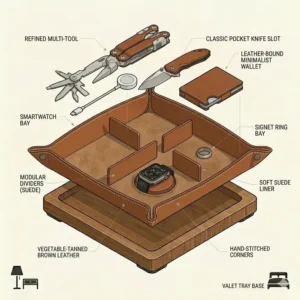 Illustration of a handcrafted leather everyday carry dump tray showing stitching details and a warm patina.