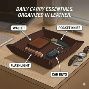 Everyday carry items like a wallet and knife organized inside a leather dump tray.