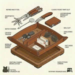 Illustration of an entryway table featuring an everyday carry dump tray for organizing car keys and sunglasses.