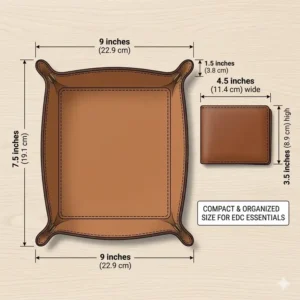 An illustrated size guide for an everyday carry tray showing dimensions next to a standard wallet.