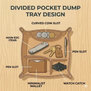 A multi-compartment pocket dump tray designed to separate small change from larger electronics.
