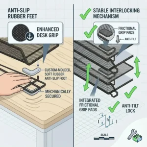 Detailed view of the anti-slip feet and stable interlocking design of stackable letter trays front loading.