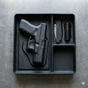Heavy-duty Kydex version of an edc dump tray with gun holder designed for maximum durability and tactical use.