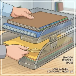 Hands organizing folders efficiently within a multi-tier letter tray plastic for better workflow.