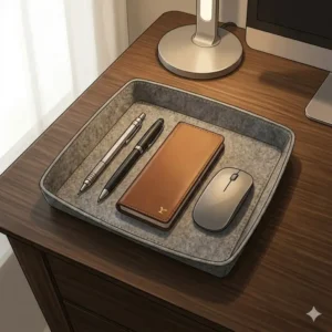 Minimalist grey felt edc valet tray used as a desk organizer for office stationery and tech accessories.