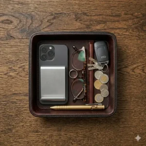 A bedside valet dump tray holding a smartphone, wedding ring, and eyeglasses.