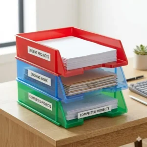 A set of colorful plastic stacking trays for office filing, used to color-code urgent and completed projects.