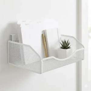 Minimalist white hanging paper tray in a bright home office setting for aesthetic organization.
