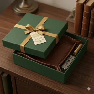 An elegantly packaged edc valet tray, ideal as a gift for gear enthusiasts and organized professionals.