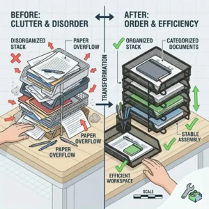 Before and after comparison of desk organization using these stackable letter trays front loading.
