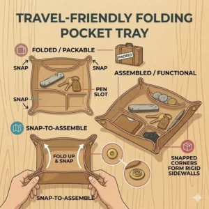 A flat-lay illustration of a travel pocket dump tray with snap corners for easy packing and assembly.