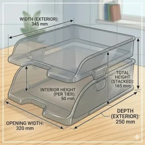 A technical diagram showing the precise interior dimensions of a standard letter tray plastic.