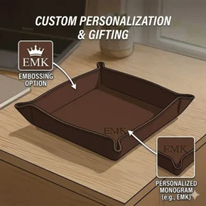 A personalized leather dump tray featuring a custom monogrammed logo for gifting.