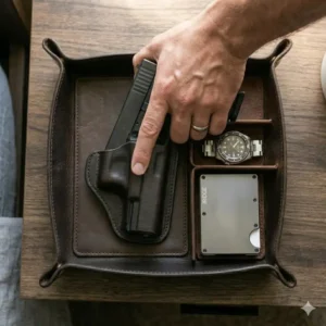 A person's hand reaching for their firearm from an edc dump tray with gun holder during a morning routine.