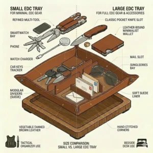 Comparative illustration showing different sizes of an everyday carry dump tray for various gear volumes.