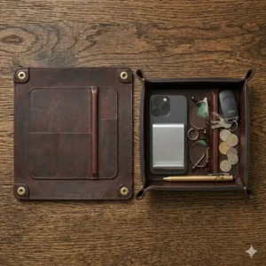 A collapsible travel dump tray with corner snaps shown in both flat and assembled positions.