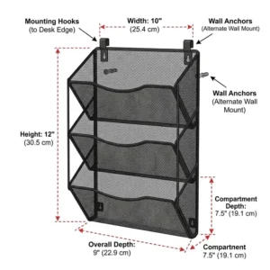 : A diagram showing the height, width, and depth measurements of a standard hanging paper tray.