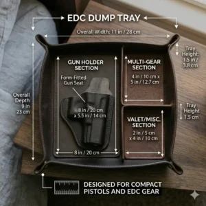 Detailed dimensions and specifications infographic of the edc dump tray with gun holder showing its compact size.