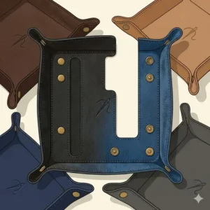 A collection of edc tray organizers displayed in brown, black, and navy blue finishes.