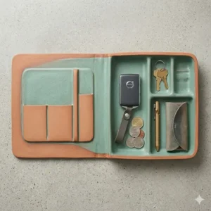 A modern ceramic dump tray positioned on an entryway table holding a car key fob and wallet.