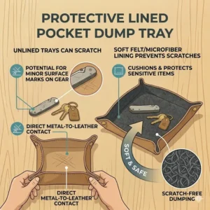 Close-up illustration of the soft felt lining inside a pocket dump tray to prevent scratches on gear.