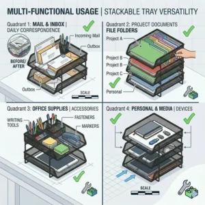 Graphic showing multi-functional usage of stackable letter trays front loading for files, mail, and electronics.