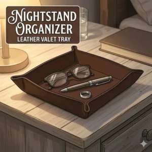 A leather dump tray used as a nightstand organizer for glasses, rings, and pens.