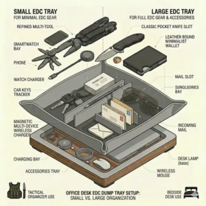 Vector illustration of a modern office desk setup featuring a sleek everyday carry dump tray next to a laptop.