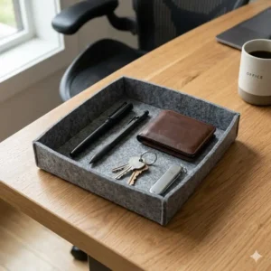 A sleek gray felt everyday carry tray used as a desk organizer for office stationery and EDC gear.